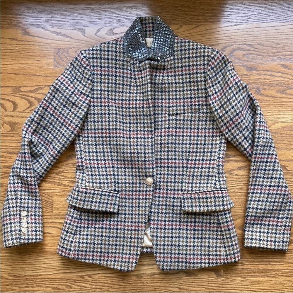 J.Crew Regent houndstooth embellished blazer jacket XS 2 jewel collar rhinestone - Picture 5 of 10